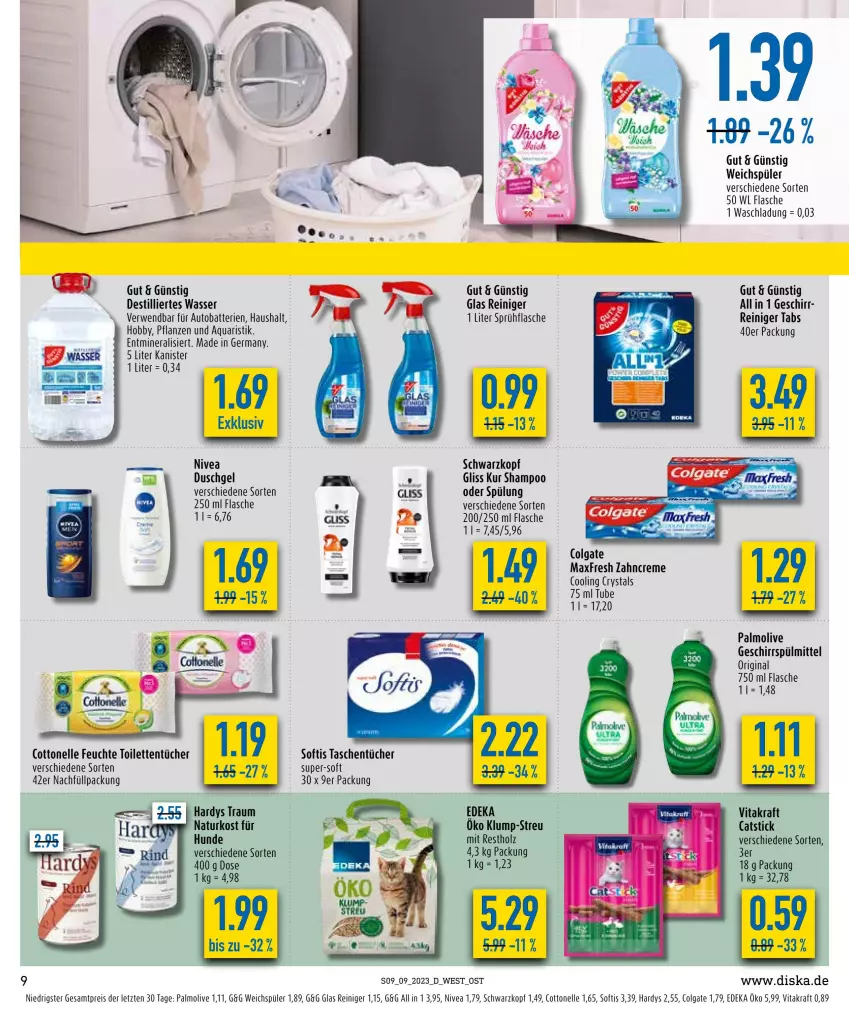 Aktueller Prospekt Diska - Prospekte - von 27.02 bis 04.03.2023 - strona 9 - produkty: aqua, auto, Autobatterien, batterie, batterien, colgate, cottonelle, creme, deka, duschgel, eis, elle, flasche, Germ, geschirr, geschirrspülmittel, gin, gliss, gliss kur, Hobby, Holz, kraft, LG, natur, nivea, olive, palmolive, pflanze, pflanzen, reiniger, reis, rwe, schwarzkop, schwarzkopf, shampoo, sprühflasche, spülmittel, spülung, Tasche, taschen, taschentücher, Ti, toilettentücher, tücher, vita, vitakraft, wasser, weichspüler, zahncreme, ZTE