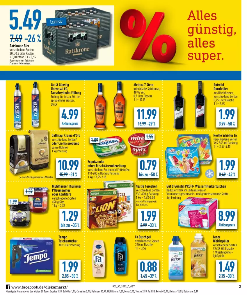 Aktueller Prospekt Diska - Prospekte - von 25.07 bis 30.07.2022 - strona 2 - produkty: aktionspreis, Becher, bier, bohne, bohnen, cerealien, dallmayr, duschgel, eis, exquisa, fa duschgel, filterkartuschen, flasche, frischkäse, frischkäsezubereitung, gsw, Hefe, hefeweizen, Käse, konfitüre, krone, lenor, lenor weichspüler, mac, Metaxa, miree, mühlhäuser, pflaume, pflaumen, pflaumenmus, prodomo, reis, ring, Schöller, Sprudel, Tasche, taschen, taschentücher, Tempo, Ti, tücher, wasser, wasserfilter, weichspüler, Wild, ZTE