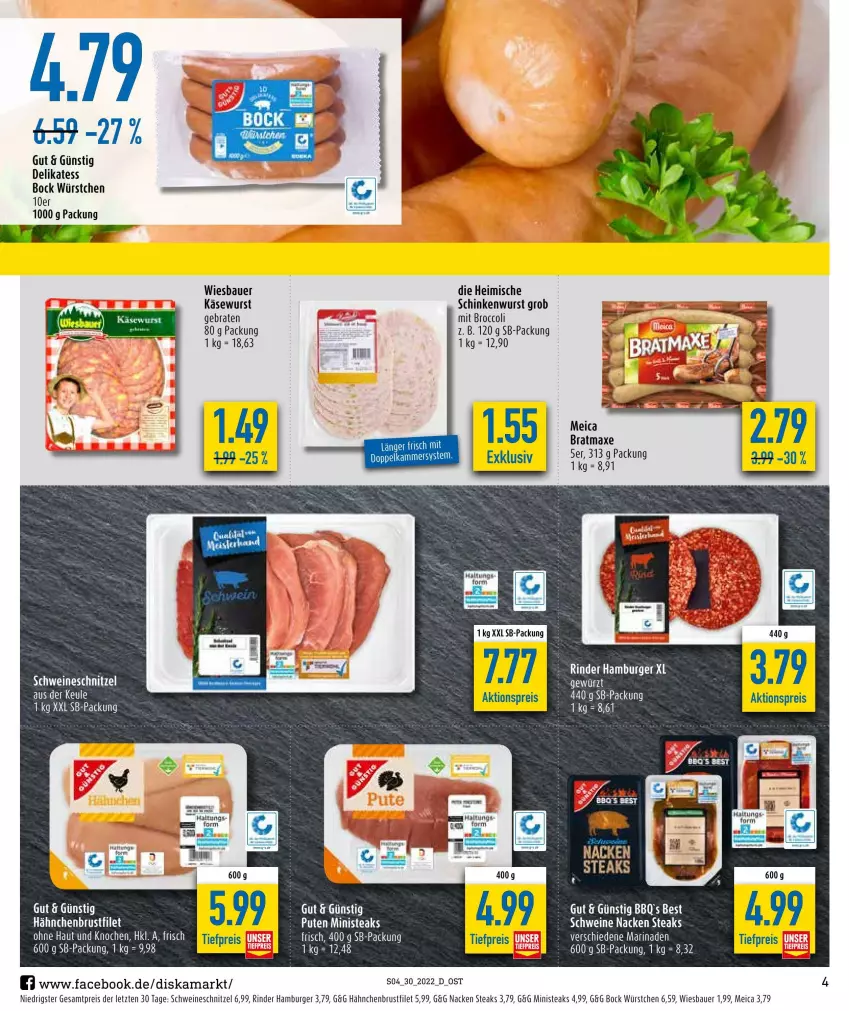 Aktueller Prospekt Diska - Prospekte - von 25.07 bis 30.07.2022 - strona 4 - produkty: aktionspreis, auer, axe, Bau, Bauer, braten, bratmaxe, broccoli, brustfilet, burger, eis, ente, filet, hähnchenbrust, hähnchenbrustfilet, hamburger, Käse, Käsewurst, marinade, meica, reis, rind, rinder, schinken, schinkenwurst, schnitzel, schwein, schweine, schweineschnitzel, steak, steaks, tee, Ti, wein, weine, wiesbauer, wurst, würstchen, ZTE