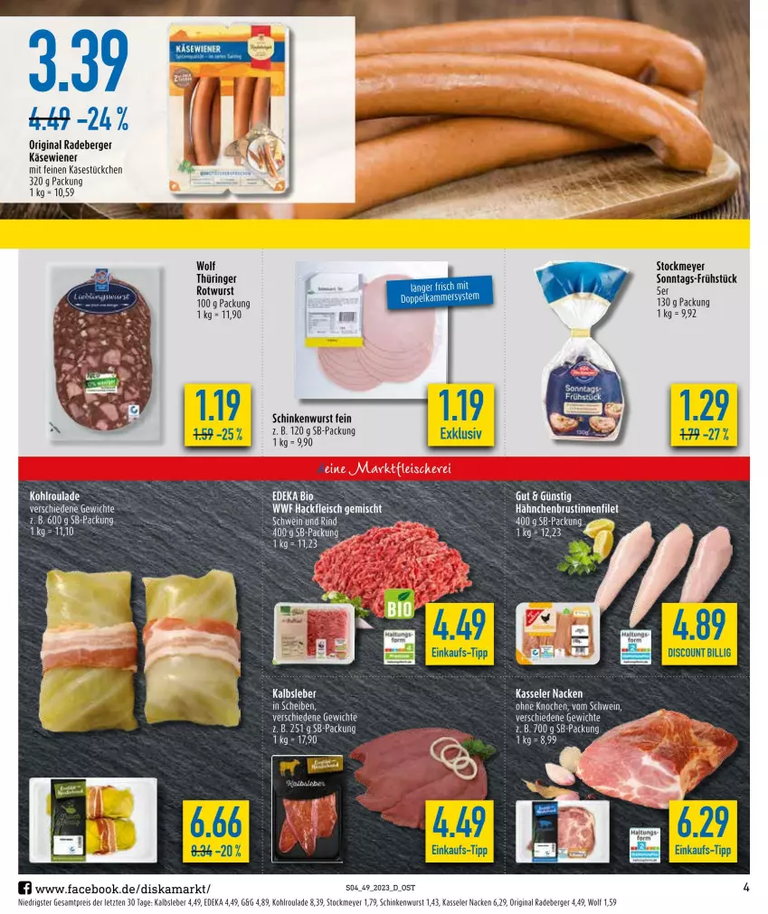 Aktueller Prospekt Diska - Prospekte - von 04.12 bis 09.12.2023 - strona 4 - produkty: Berger, bio, deka, discount, edeka bio, eis, ente, filet, fleisch, gin, hackfleisch, hackfleisch gemischt, hähnchenbrust, HP, Kalbsleber, Käse, kasseler, radeberger, reis, Ria, rind, ring, Rotwurst, schinken, schinkenwurst, schwein, schwein und rind, stockmeyer, Ti, wein, wiener, wurst, ZTE