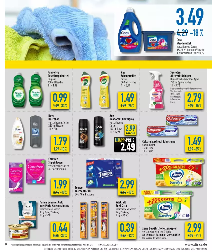 Aktueller Prospekt Diska - Prospekte - von 04.12 bis 09.12.2023 - strona 9 - produkty: aktionspreis, apfel, axe, Bad, beef, bio, biozidprodukte, Blüte, body, bodyspray, carefree, citrus, colgate, Coral, creme, deka, deo, deodorant, dove, duschbad, eis, flasche, geschirr, geschirrspülmittel, gin, gourmet gold, Heu, katzennahrung, kraft, LG, milch, mint, nuss, olive, palmolive, papier, purina, Rauch, reiniger, reis, rwe, sagrotan, scheuermilch, slip, slipeinlagen, sprühflasche, spülmittel, Tasche, taschen, taschentücher, Tempo, Ti, toilettenpapier, tücher, vita, vitakraft, waschmittel, weck, zahncreme, zewa, ZTE