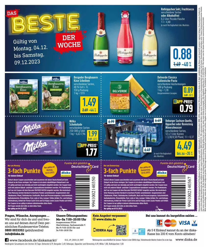 Aktueller Prospekt Diska - Prospekte - von 11.12 bis 16.12.2023 - strona 12 - produkty: aktionspreis, alkohol, Alwa, angebot, angebote, Bau, bergader, buch, burger, coupon, deka, ecco, eis, elle, ente, erde, frucht, fruchtsecco, guthabenkarte, gutschein, italienische pasta, Käse, kraft, lasagne, LG, milka, mineralwasser, nuss, pasta, reis, rotkäppchen, sac, sekt, Tchibo, tee, telefon, Ti, uhr, uhu, wasser, ZTE