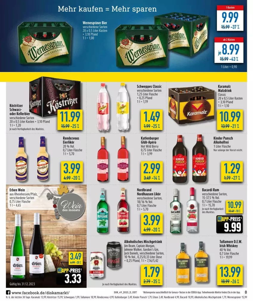 Aktueller Prospekt Diska - Prospekte - von 11.12 bis 16.12.2023 - strona 8 - produkty: aktionspreis, alkohol, bacardi, bacardi rum, bier, burger, Cap, captain morgan, deka, drink, eier, eierlikör, eis, elle, flasche, getränk, gin, gordon, Gordon’s, irish whiskey, jack daniel, jack daniels, jim beam, johnnie walker, karamalz, katlenburger, kellerbier, Kinder, köstritzer, likör, malz, nordbrand, nuss, rama, reis, rum, schweppes, Ti, tullamore, wein, whiskey, Wild, wild berry, ZTE