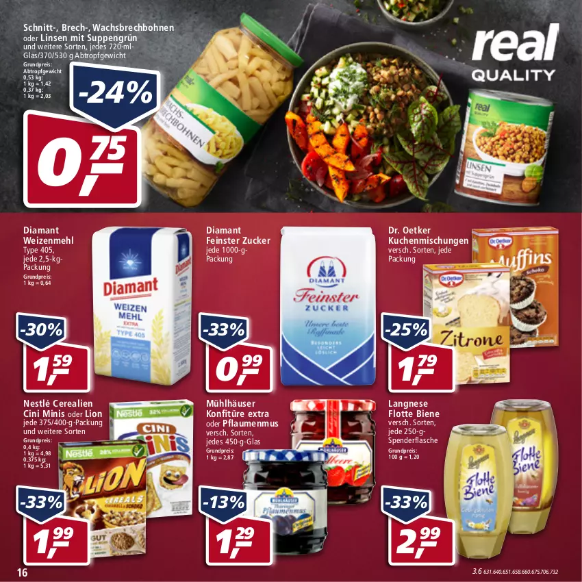 Aktueller Prospekt Real - Real Handzettel - von 17.01 bis 22.01.2022 - strona 16 - produkty: bohne, bohnen, cerealien, cin, Dr. Oetker, eis, flasche, konfitüre, konfitüre extra, kuchen, langnese, LG, linsen, lion, mehl, mühlhäuser, nestlé, pflaume, pflaumen, pflaumenmus, reis, suppe, suppen, type 405, weizenmehl, zucker