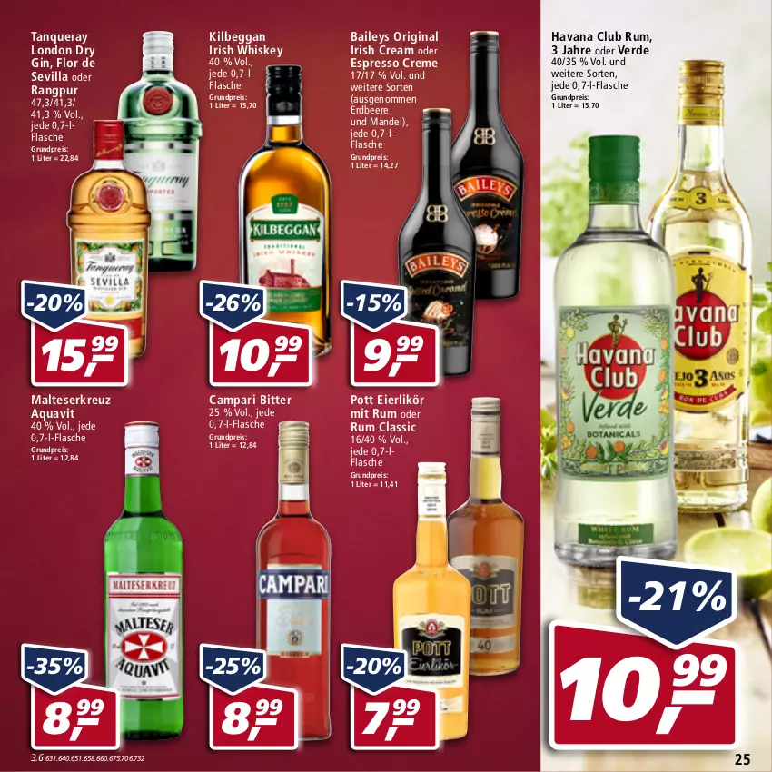 Aktueller Prospekt Real - Real Handzettel - von 17.01 bis 22.01.2022 - strona 25 - produkty: aqua, aquavit, baileys, beere, campari, creme, dry gin, eier, eierlikör, eis, erdbeere, erde, espresso, flasche, gin, Havana Club, irish cream, irish whiskey, kilbeggan, likör, london dry, london dry gin, malteser, mandel, oder espresso, reis, rum, Tanqueray, whiskey