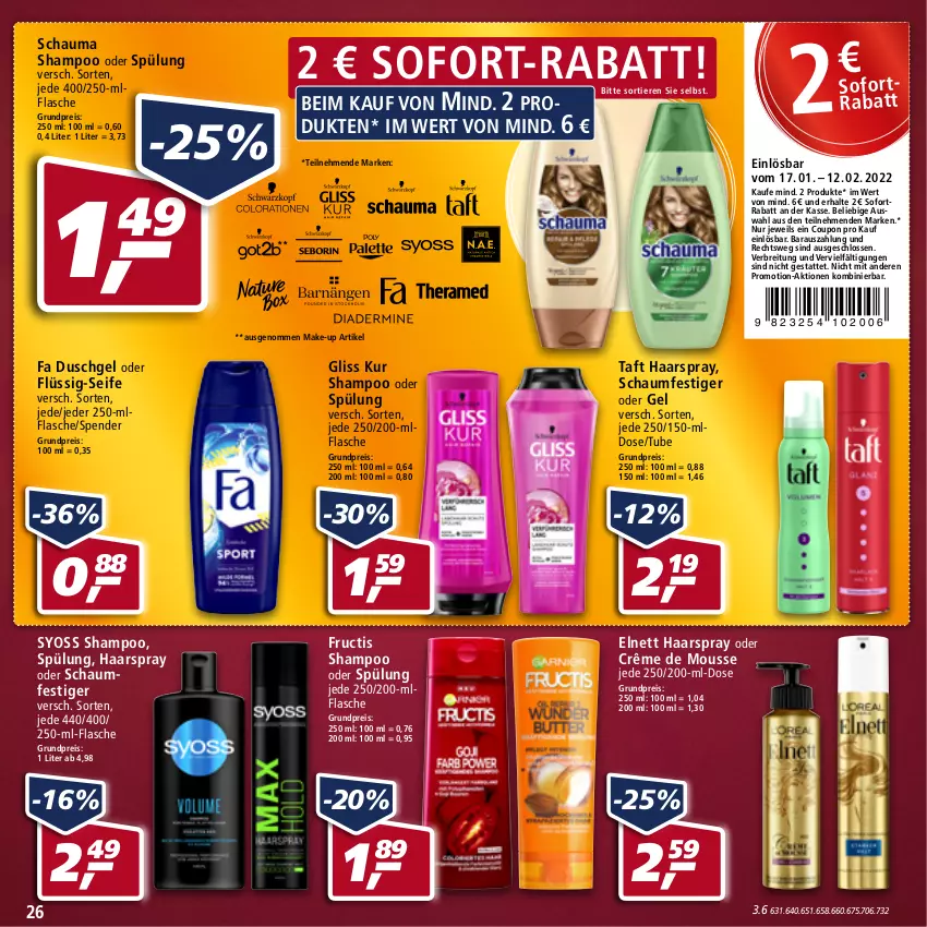 Aktueller Prospekt Real - Real Handzettel - von 17.01 bis 22.01.2022 - strona 26 - produkty: Brei, coupon, duschgel, eis, elnett, fa duschgel, flasche, fructis, gliss, gliss kur, haarspray, Make-up, mousse, oder schaumfestiger, reis, schauma, schauma shampoo, schaumfestiger, Seife, shampoo, shampoo oder spülung, sofort-rabatt, sofortrabatt, spülung, syoss, Taft, Ti, Tiere, Yo