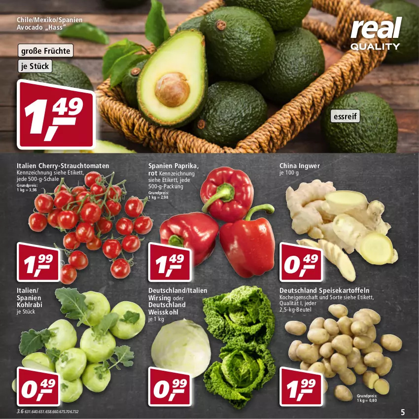 Aktueller Prospekt Real - Real Handzettel - von 17.01 bis 22.01.2022 - strona 5 - produkty: avocado, beutel, eis, früchte, ingwer, kartoffel, kartoffeln, kohlrabi, paprika, Rauch, reis, Schal, Schale, speisekartoffeln, strauchtomaten, Ti, tomate, tomaten, Wirsing