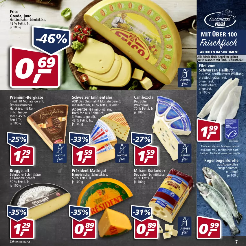 Aktueller Prospekt Real - Real Handzettel - von 17.01 bis 22.01.2022 - strona 7 - produkty: angebot, angebote, appenzeller, aqua, Bergkäse, burlander, cambozola, deutscher schnittkäse, deutscher weichkäse, elle, emmentaler, filet, fisch, fische, Fischer, forelle, frico, frischfisch, gin, gouda, hartkäse, holländischer schnittkäse, Käse, LG, milch, milram, rel, Schere, schnittkäse, Ti, tisch, weichkäse, Wild