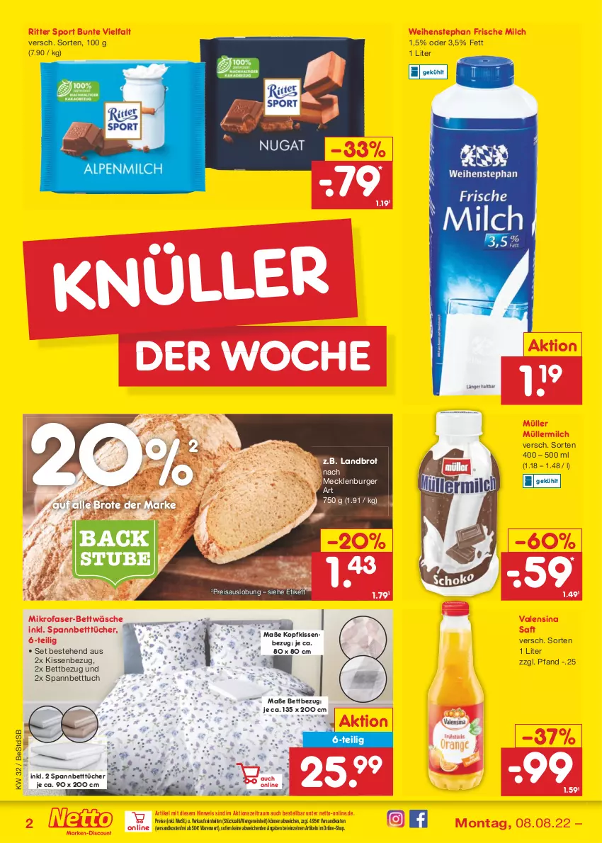 Aktueller Prospekt Netto Marken-Discount - Filial-Angebote - von 08.08 bis 13.08.2022 - strona 2 - produkty: bett, Betttuch, bettwäsche, brot, burger, eis, frische milch, kissen, Kissenbezug, kopfkissen, kopfkissenbezug, mikrofaser, milch, Müller, müllermilch, ndk, reis, ritter, ritter sport, saft, spannbetttuch, Spannbetttücher, Sport, stube, Ti, tuc, tücher, valensina, versandkostenfrei, weihenstephan