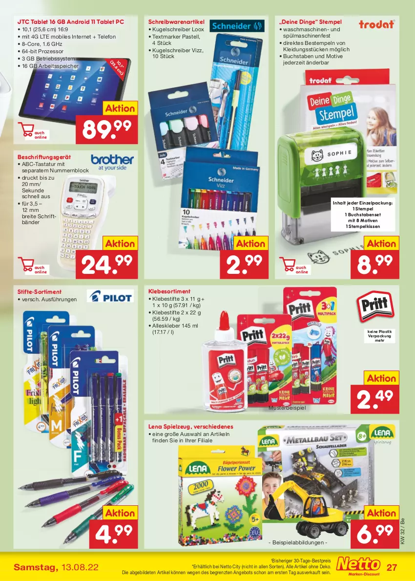 Aktueller Prospekt Netto Marken-Discount - Filial-Angebote - von 08.08 bis 13.08.2022 - strona 27 - produkty: angebot, asti, beispielabbildung, bestpreis, Betriebssystem, Brei, buch, eis, jtc, kissen, kleber, kleid, Kleidung, Kugel, kugelschreiber, reis, schreibwaren, spielzeug, spülmaschinen, stifte, tablet, Tastatur, telefon, textmarker, Ti, waschmaschine, waschmaschinen, ZTE