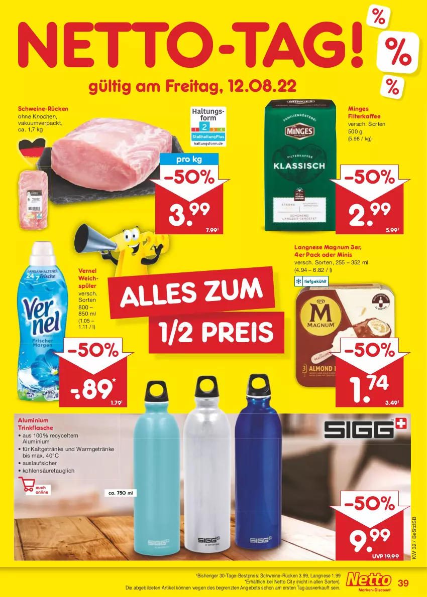 Aktueller Prospekt Netto Marken-Discount - Filial-Angebote - von 08.08 bis 13.08.2022 - strona 39 - produkty: angebot, bestpreis, eis, filterkaffee, flasche, getränk, getränke, kaffee, langnese, magnum, reis, schwein, schweine, Ti, trinkflasche, vernel, weichspüler, wein, weine, ZTE