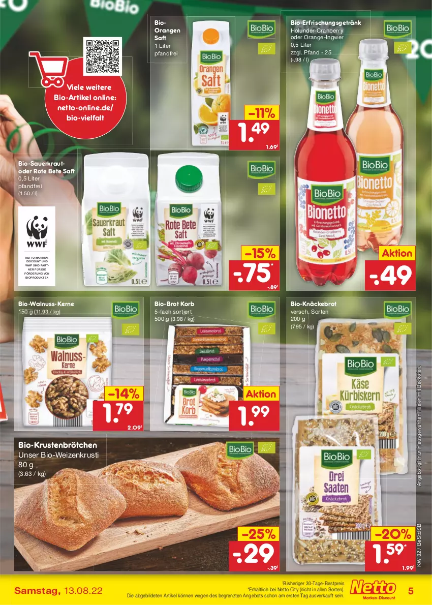 Aktueller Prospekt Netto Marken-Discount - Filial-Angebote - von 08.08 bis 13.08.2022 - strona 5 - produkty: angebot, auer, auto, backofen, bestpreis, bio, brot, brötchen, cranberry, discount, eis, erfrischungsgetränk, getränk, holunder, ingwer, knäckebrot, korb, Kraut, nuss, Ofen, orange, orangen, reis, rote bete, saft, Sauerkraut, Ti, walnuss, ZTE