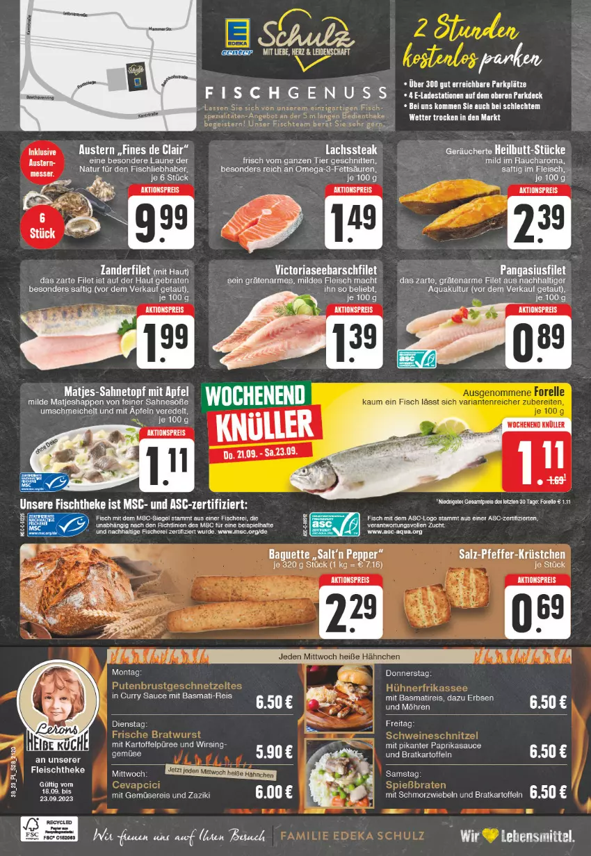 Aktueller Prospekt E Center - Angebote der Woche - von 18.09 bis 23.09.2023 - strona 28 - produkty: aktionspreis, apfel, aqua, aust, Austern, baguette, basmati, basmati-reis, braten, curry, eis, erbsen, filet, fisch, fische, Fischer, fleisch, kartoffel, kartoffeln, Kartoffelpüree, lachs, lebensmittel, mac, matjes, mit gemüse, möhren, omega, Omega-3, paprika, püree, Rauch, reis, Ria, saft, sahne, sauce, Schere, schnitten, Soße, steak, Ti, topf, Wirsing, Zander, zaziki, zwiebel, zwiebeln