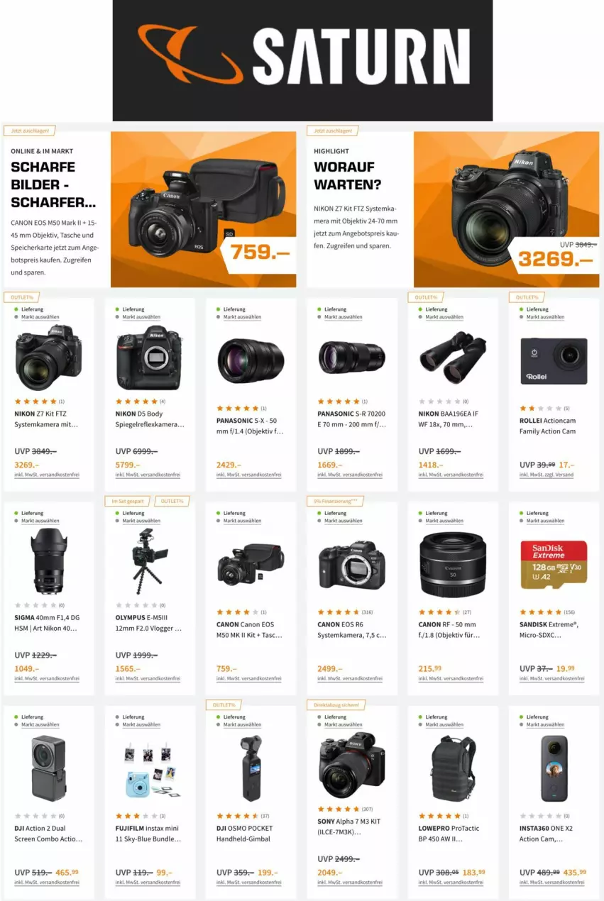 Aktueller Prospekt Saturn - Prospekte - von 17.02 bis 23.02.2022 - strona 1 - produkty: actioncam, angebot, angebotspreis, body, canon, eis, kamera, ndk, nikon, panasonic, reifen, reis, rollei, sandisk, sigma, sony, speicherkarte, spiegel, spiegelreflexkamera, systemkamera, Tasche, Ti