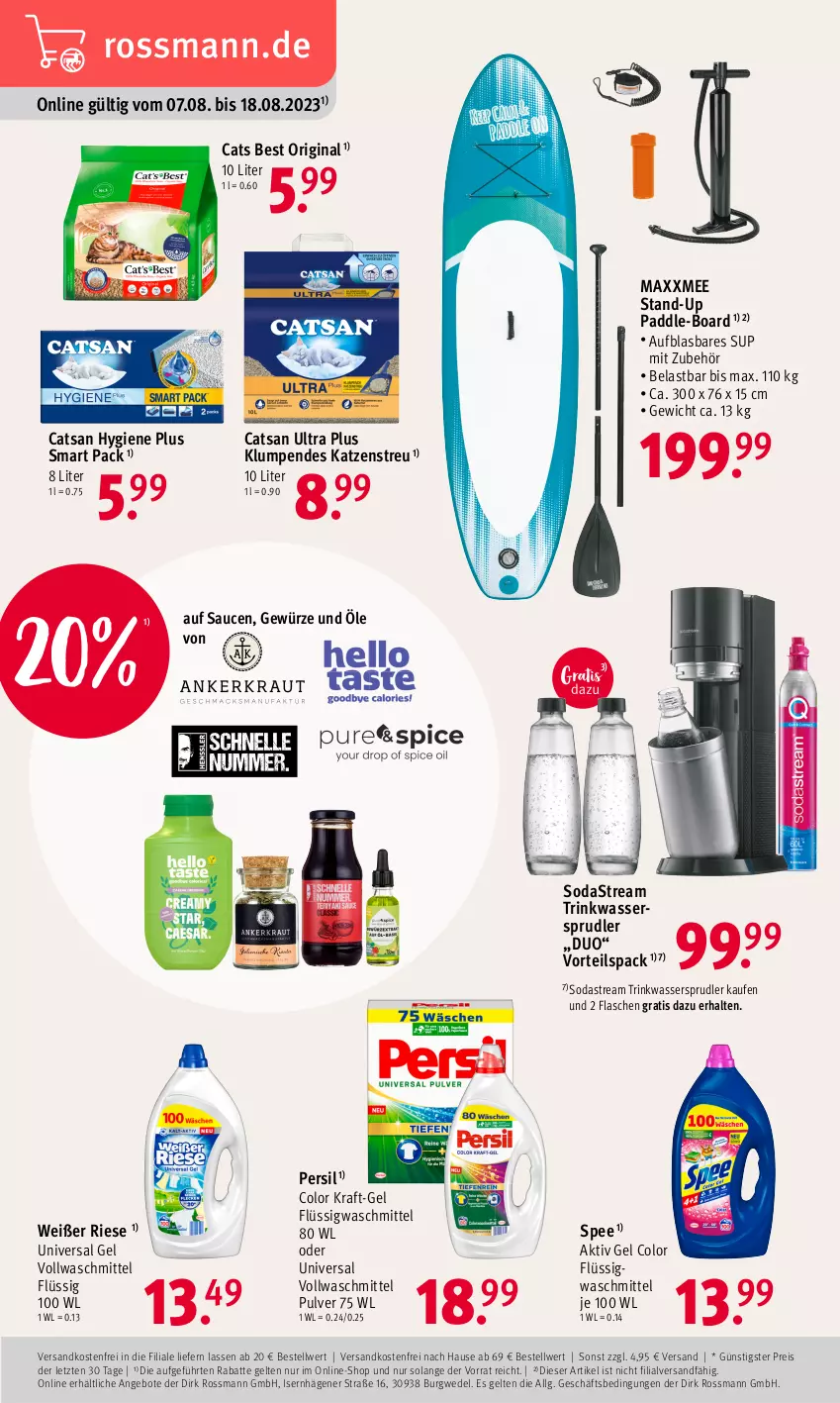 Aktueller Prospekt Rossmann - Prospekte - von 07.08 bis 18.08.2023 - strona 3 - produkty: aktiv gel, angebot, angebote, catsan, eis, flasche, gewürz, gin, Katzenstreu, kraft, LG, ndk, persil, reis, sauce, saucen, Soda, sodastream, spee, Ti, universal gel, versandkostenfrei, vollwaschmittel, waschmittel, wasser, wassersprudler, wedel, ZTE