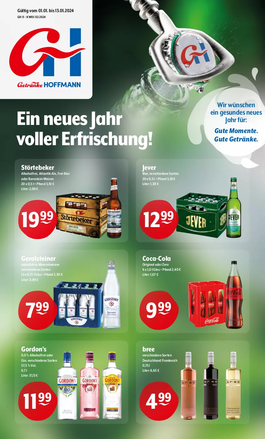 Aktueller Prospekt Getraenke Hoffmann - Prospekte - von 02.01 bis 13.01.2024 - strona 1 - produkty: alkohol, Alwa, bier, bree, coca-cola, cola, ente, gerolsteine, gerolsteiner, getränk, getränke, gin, gordon, Gordon’s, jever, mineralwasser, natürliches mineralwasser, steiner, störtebeker, Ti, wasser