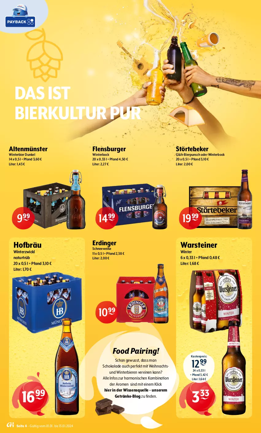 Aktueller Prospekt Getraenke Hoffmann - Prospekte - von 02.01 bis 13.01.2024 - strona 4 - produkty: alkohol, Altenmünster, aust, berliner, bier, Biere, burger, clausthaler, eis, elle, ente, erdinger, flensburger, getränk, getränke, gin, hasseröder, Hefe, hefeweizen, kirsch, könig pilsener, mac, natur, nuss, pils, pilsener, pilsner, pilsner urquell, premium pils, reis, ring, schöfferhofer, schoko, schokolade, Schultheiss, Spaten, Sprudel, steiner, störtebeker, Ti, veltins, warsteiner, WICK