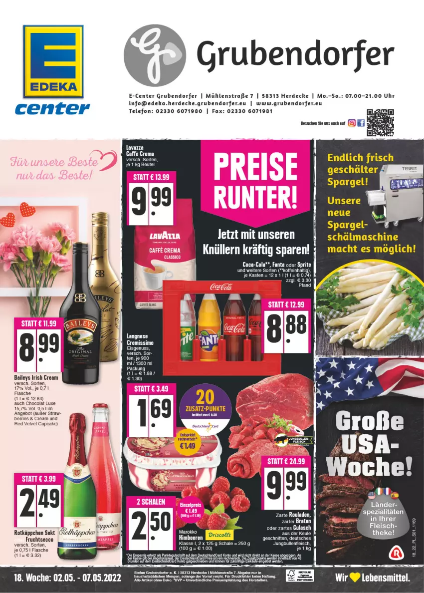 Aktueller Prospekt E Center - Angebote der Woche - von 02.05 bis 07.05.2022 - strona 1 - produkty: angebot, baileys, beere, beeren, beutel, braten, coca-cola, cola, cremissimo, decke, deka, ecco, eis, ente, erde, fanta, fanta oder, fanta oder sprite, flasche, fleisch, frucht, fruchtsecco, gulasch, himbeer, himbeere, himbeeren, irish cream, jungbullen, kappa, langnese, langnese cremissimo, lavazza, mac, nuss, oder sprite, rotkäppchen, rouladen, Schal, Schale, schnitten, sekt, sim, sprite, telefon, Ti, uhr, velvet