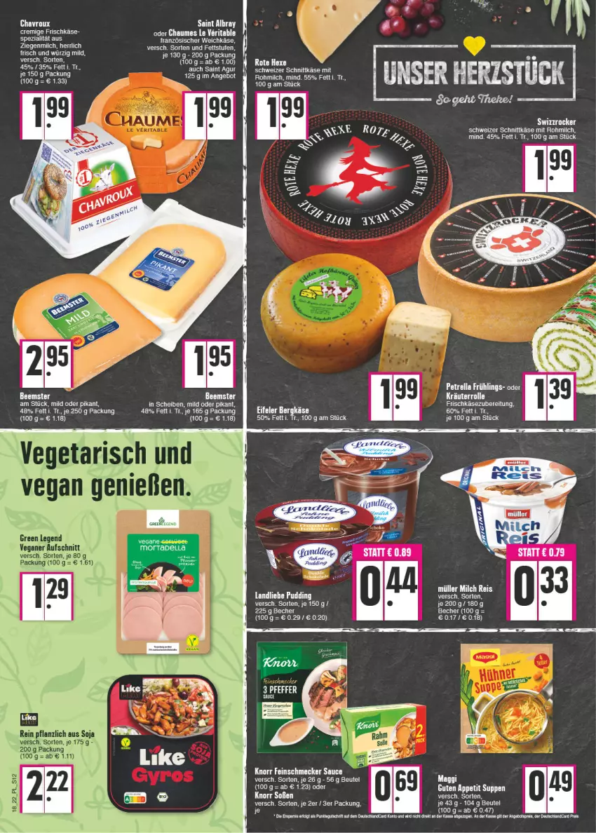 Aktueller Prospekt E Center - Angebote der Woche - von 02.05 bis 07.05.2022 - strona 12 - produkty: albray, angebot, aufschnitt, Becher, Beemster, bett, eis, feinschmecker, frischkäse, frischkäsezubereitung, Käse, knorr, kräuter, landliebe, maggi, milch, Müller, petrella, pudding, reis, rel, saint albray, sauce, schnittkäse, schweizer schnittkäse, soja, tee, Ti, torte, Vegeta