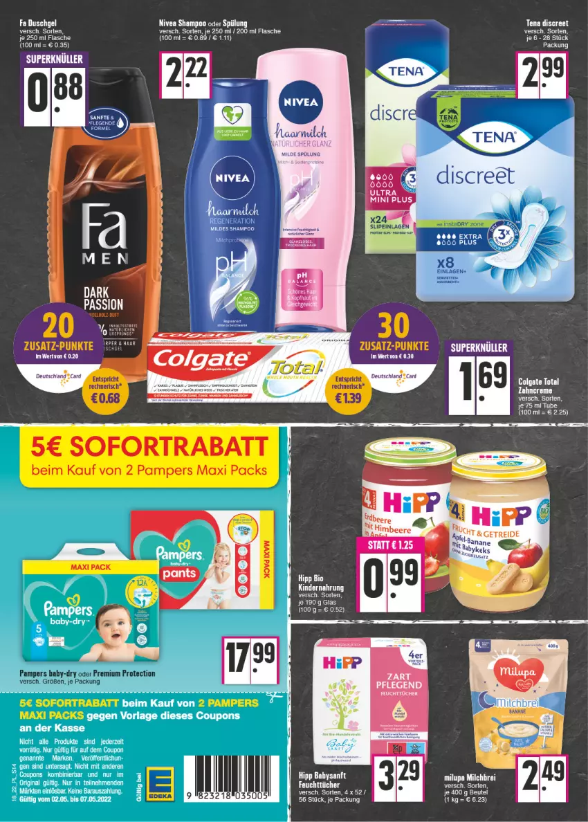 Aktueller Prospekt E Center - Angebote der Woche - von 02.05 bis 07.05.2022 - strona 14 - produkty: beutel, Brei, coupon, coupons, deutschland card, Discreet, duschgel, eis, fa duschgel, flasche, gin, hipp, Kinder, Kindernahrung, milch, milupa, natur, nivea, shampoo, shampoo oder spülung, slip, slipeinlagen, spülung, Ti