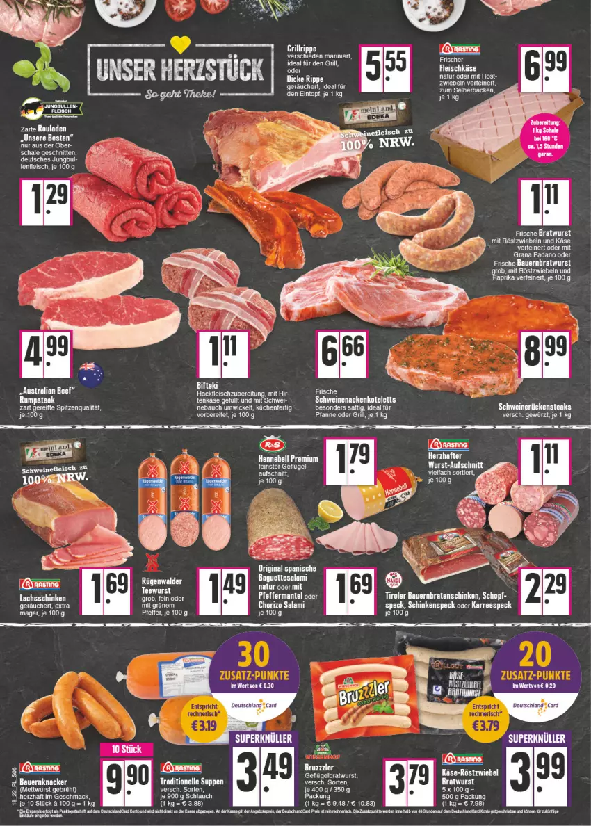 Aktueller Prospekt E Center - Angebote der Woche - von 02.05 bis 07.05.2022 - strona 6 - produkty: angebot, angebotspreis, auer, aufschnitt, baguette, baguettes, Bau, Bauer, braten, bratwurst, chorizo, eier, eintopf, eis, ente, erde, fleisch, fleischkäse, Geflügel, gin, grana, grana padano, grill, grillrippe, hackfleisch, jungbullen, Käse, knacker, kotelett, küche, Küchen, mac, Mett, mettwurst, mit röstzwiebeln, nackenkoteletts, natur, padano, pfeffer, Rana, reis, röstzwiebeln, rouladen, Rückensteak, rückensteaks, rum, rumpsteak, saft, salami, Schal, Schale, schinken, schlauch, schnitten, schwein, schweine, schweinenacken, schweinerücken, steak, steaks, tee, tesa, Ti, topf, wein, weine, WICK, wurst, Zelt, zwiebel, zwiebeln