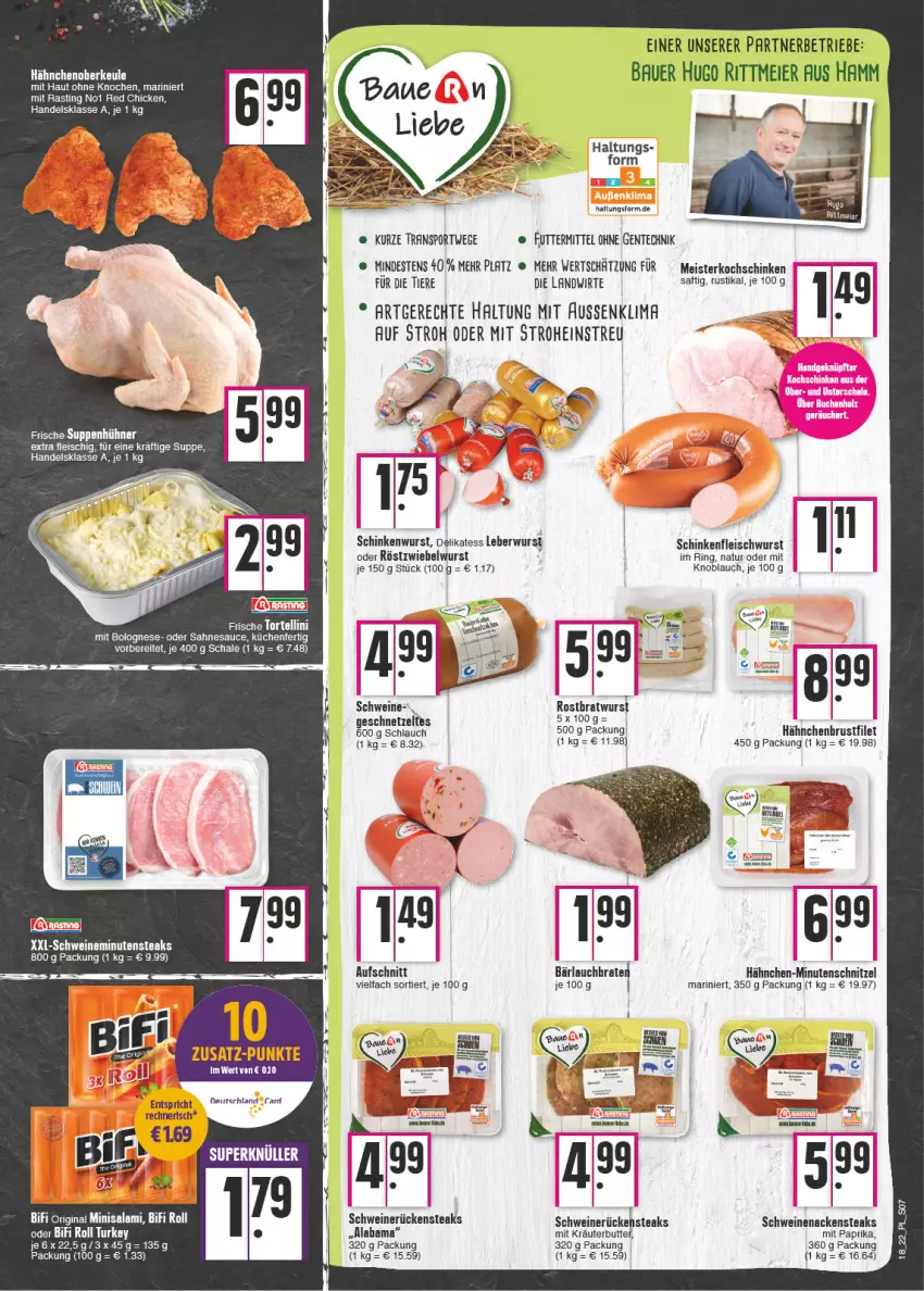 Aktueller Prospekt E Center - Angebote der Woche - von 02.05 bis 07.05.2022 - strona 7 - produkty: asti, auer, aufschnitt, Bau, Bauer, bifi, bolognese, brustfilet, deutschland card, eier, eis, ente, filet, fleisch, fleischwurst, geschnetzeltes, hähnchenbrust, hähnchenbrustfilet, hugo, hühner, knoblauch, kochschinken, kräuter, küche, Küchen, leberwurst, Meister, minutenschnitzel, minutensteaks, mit paprika, Nackensteak, nackensteaks, natur, paprika, ring, Rückensteak, rückensteaks, sahne, sauce, Schal, Schale, schinken, schinkenfleischwurst, schinkenwurst, schlauch, schnitzel, schwein, schweine, schweinenacken, schweinerücken, Sport, steak, steaks, suppe, tee, Ti, Tiere, torte, tortellini, wein, weine, wurst, Zelt, zwiebel