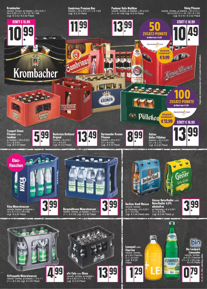 Aktueller Prospekt E Center - Angebote der Woche - von 02.05 bis 07.05.2022 - strona 9 - produkty: Alwa, bier, burgwallbronn, elle, ente, flasche, getränk, getränke, gin, gösser, Hefe, könig pilsener, krombache, krombacher, krone, leine, mineralwasser, natur, pils, pilsener, radler, sim, tee, Ti, wasser