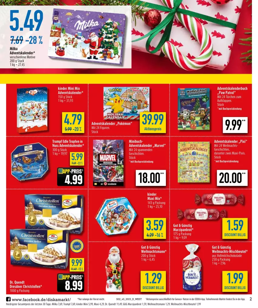 Aktueller Prospekt Diska - Prospekte - von 30.10 bis 04.11.2023 - strona 2 - produkty: Adventskalender, aktionspreis, beutel, brot, deka, discount, eis, Kinder, marzipan, milka, nuss, reis, rel, rum, Ti, ZTE