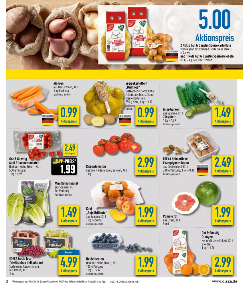 Aktueller Prospekt Diska - Prospekte - von 30.10 bis 04.11.2023 - strona 3 - produkty: aktionspreis, beere, beeren, braun, champignon, champignons, champignons braun, deka, eis, gurke, gurken, heidelbeere, heidelbeeren, Kaki, kartoffel, kartoffeln, leine, LG, mini-gurken, möhren, nuss, orange, orangen, pflaume, pflaumen, Pomelo, reis, rispentomaten, Romanasalat, salat, speisekartoffeln, Speisezwiebeln, tafeltrauben, Ti, tomate, tomaten, trauben, zwiebel, zwiebeln