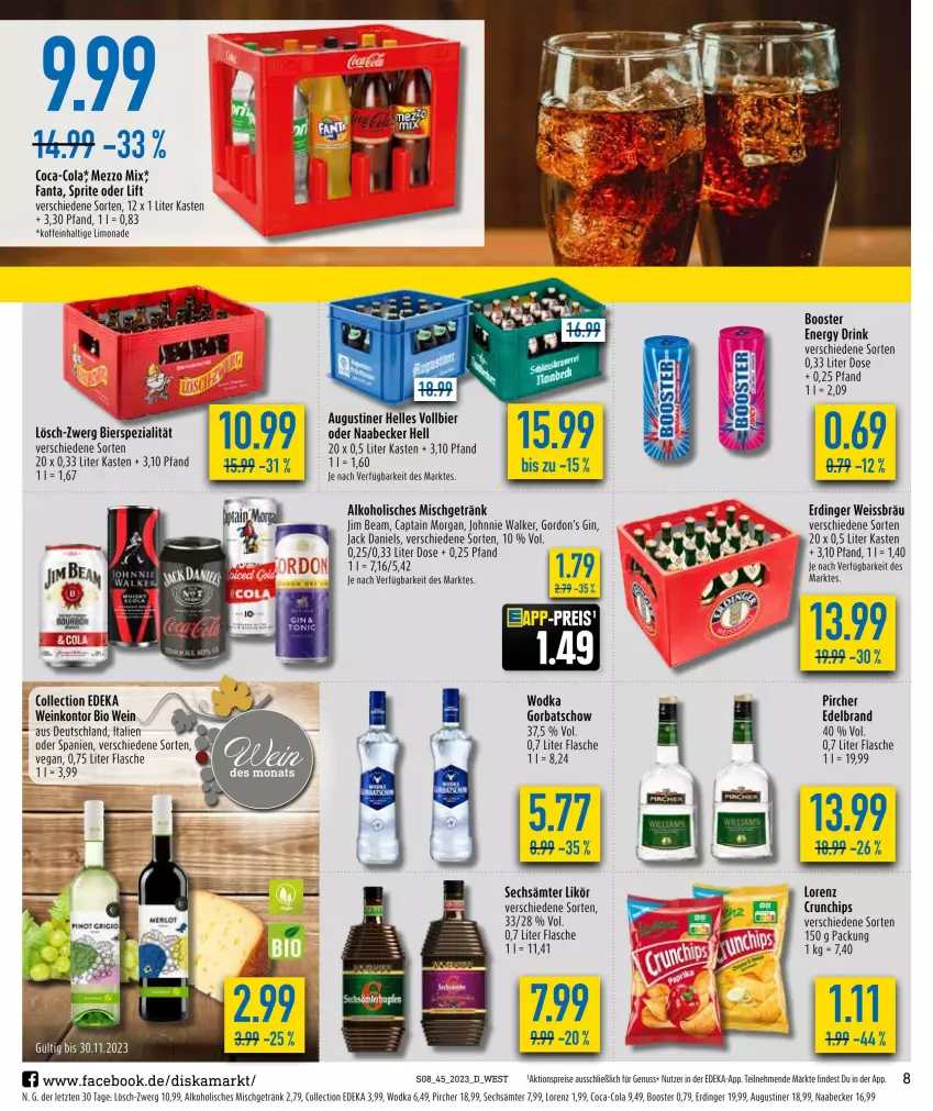 Aktueller Prospekt Diska - Prospekte - von 30.10 bis 04.11.2023 - strona 8 - produkty: aktionspreis, alkohol, bier, bio, Cap, captain morgan, chips, coca-cola, cola, crunchips, deka, drink, eis, elle, energy drink, erdinger, fanta, flasche, getränk, gin, Gorbatschow, gordon, Gordon’s, jack daniel, jack daniels, jim beam, johnnie walker, likör, limo, limonade, lorenz, Mezzo Mix, nuss, pircher, reis, Spezi, sprite, Ti, uhr, wein, wodka, ZTE