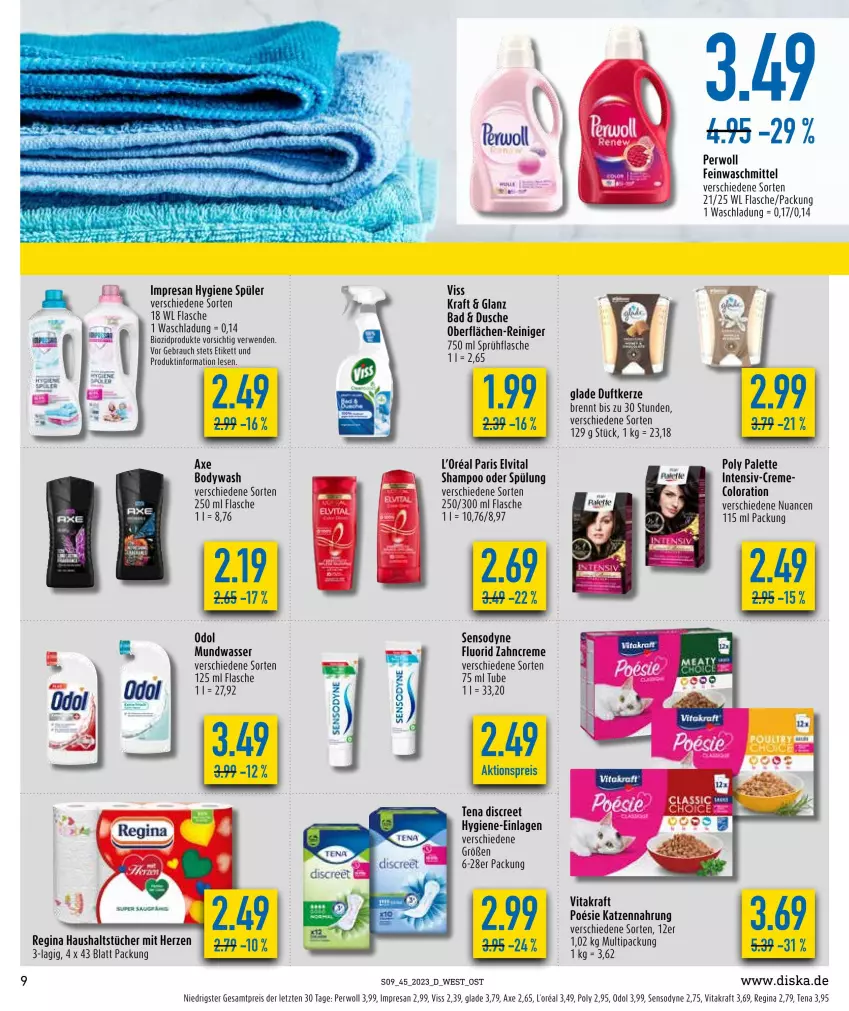 Aktueller Prospekt Diska - Prospekte - von 30.10 bis 04.11.2023 - strona 9 - produkty: aktionspreis, axe, Bad, bio, biozidprodukte, body, creme, Discreet, Duftkerze, dusche, eis, elvital, feinwaschmittel, flasche, gin, Glade, haushaltstücher, katzennahrung, kerze, kraft, l'oreal, mundwasser, Nuance, Odol, Palette, perwoll, Rauch, reiniger, reis, resa, rwe, sensodyne, sensodyne fluorid, shampoo, shampoo oder spülung, sprühflasche, spülung, Ti, tücher, vita, vitakraft, waschmittel, wasser, zahncreme, ZTE