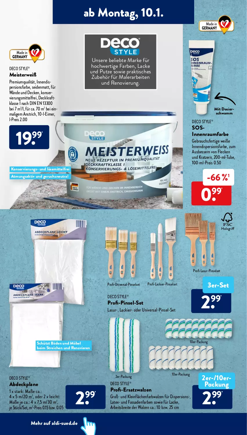 Aktueller Prospekt AldiSud - ALDI Aktuell - von 10.01 bis 15.01.2022 - strona 12 - produkty: abdeckplane, aldi, Brei, decke, eimer, eis, Farbwalzen, fassadenfarbe, Holz, kraft, lack, Lacke, Meister, möbel, Pinsel, Pinselset, Rauch, Raumfarbe, reis, rwe, schwamm, Ti, tisch, usb