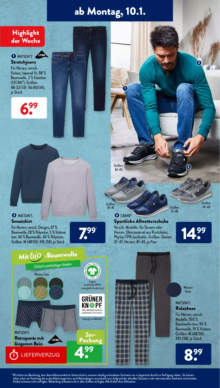 Aktueller Prospekt AldiSud - ALDI Aktuell - von 10.01 bis 15.01.2022 - strona 15 - produkty: aldi, alle artikel ohne dekoration, Bau, baumwolle, bio, dekoration, dell, eis, elle, gin, hose, Hylo, jeans, kleid, Kleidung, Mode, Pants, rel, Retropants, Ria, rind, schuhe, shirt, Sport, Stretchjeans, Sweatshirt, Ti, wolle, ZTE