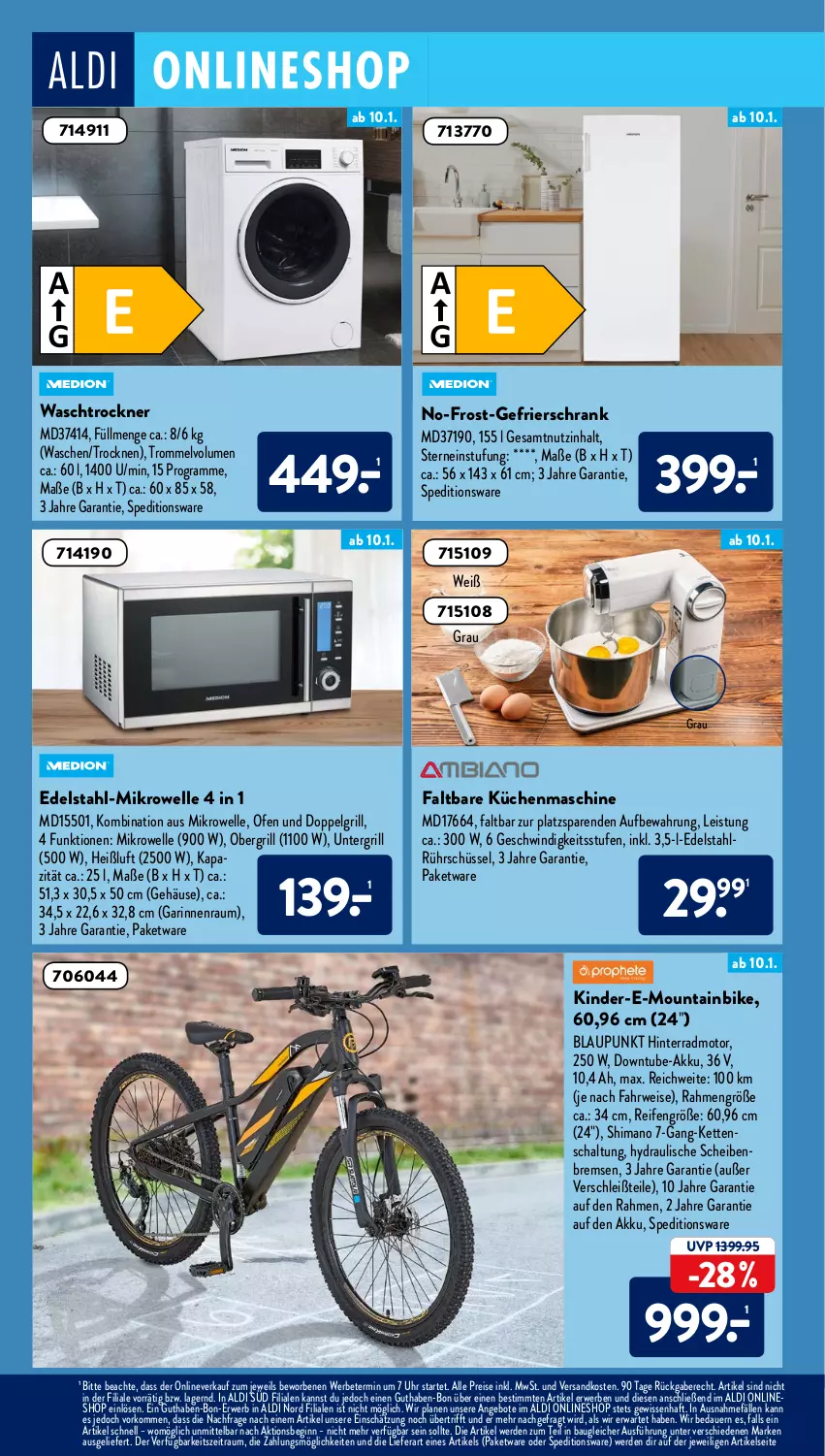 Aktueller Prospekt AldiSud - ALDI Aktuell - von 10.01 bis 15.01.2022 - strona 20 - produkty: akku, aldi, angebot, angebote, auer, Bau, blaupunkt, edelstahl, eis, elle, erde, gefrierschrank, gin, grill, Kette, Kinder, küche, Küchen, küchenmaschine, LG, mikrowelle, Mountainbike, ndk, Ofen, reifen, reis, Rührschüssel, rwe, Schal, Schrank, schüssel, shimano, Ti, Trockner, trommel, uhr, waschtrockner