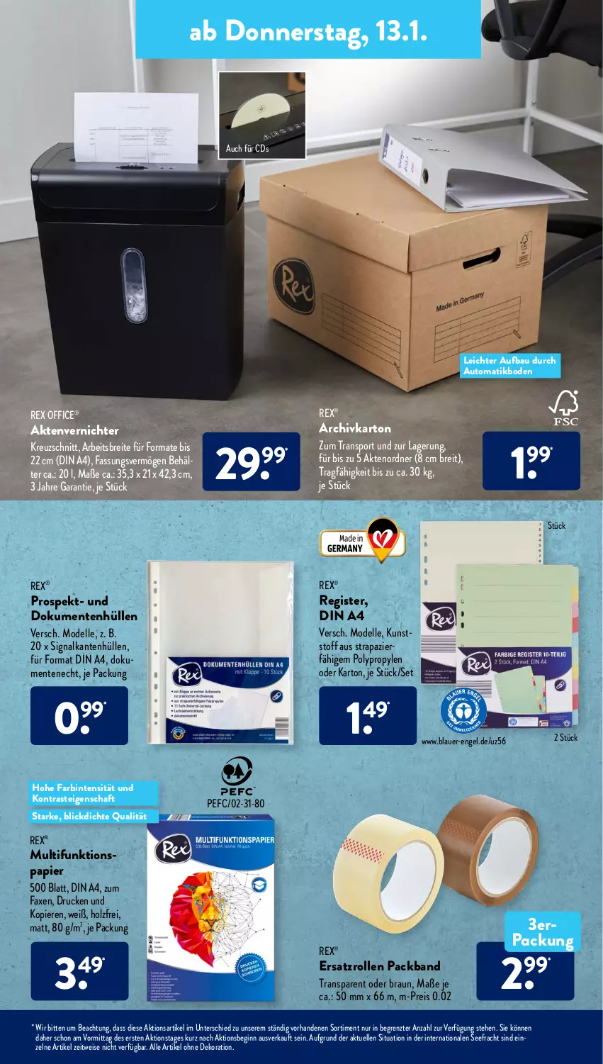 Aktueller Prospekt AldiSud - ALDI Aktuell - von 10.01 bis 15.01.2022 - strona 23 - produkty: Aktenvernichter, alle artikel ohne dekoration, auer, auto, axe, Bau, Behälter, braun, Brei, dekoration, dell, din a4, eis, elle, Engel, ente, gin, Holz, Mode, office, ordner, Packband, papier, reis, Signal, Sport, Ti, ZTE