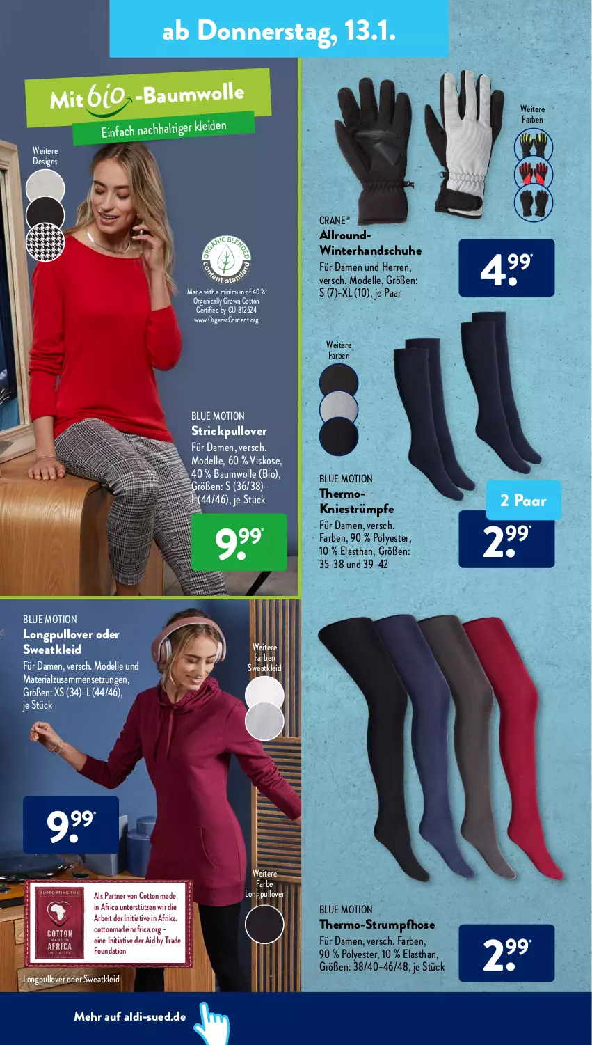 Aktueller Prospekt AldiSud - ALDI Aktuell - von 10.01 bis 15.01.2022 - strona 28 - produkty: aldi, Bau, baumwolle, bio, dell, elle, handschuhe, hose, kleid, Mode, Pullover, Ria, rum, schuhe, Strickpullover, strümpfe, Strumpfhose, Sweatkleid, Ti, wolle