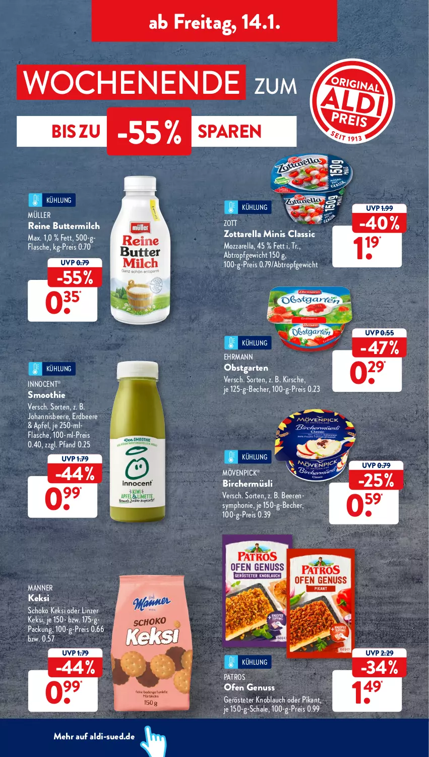 Aktueller Prospekt AldiSud - ALDI Aktuell - von 10.01 bis 15.01.2022 - strona 32 - produkty: aldi, apfel, Becher, beere, beeren, butter, buttermilch, ehrmann, eis, erdbeere, flasche, Garten, Innocent, johannisbeere, keks, kirsch, kirsche, knoblauch, Manner, milch, mövenpick, mozzarella, Müller, müsli, nuss, obst, obstgarten, Ofen, patros, reine buttermilch, reis, rel, Schal, Schale, schoko, smoothie, zott, zottarella, zottarella minis