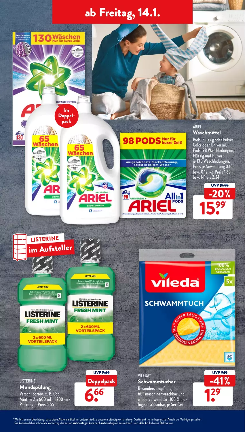 Aktueller Prospekt AldiSud - ALDI Aktuell - von 10.01 bis 15.01.2022 - strona 35 - produkty: Abba, alle artikel ohne dekoration, ariel, ariel waschmittel, Bau, bio, dekoration, eis, elle, gin, listerine, mint, mundspülung, Pods, reis, rwe, schwamm, spülung, teller, Ti, tücher, vileda, waschmittel, ZTE