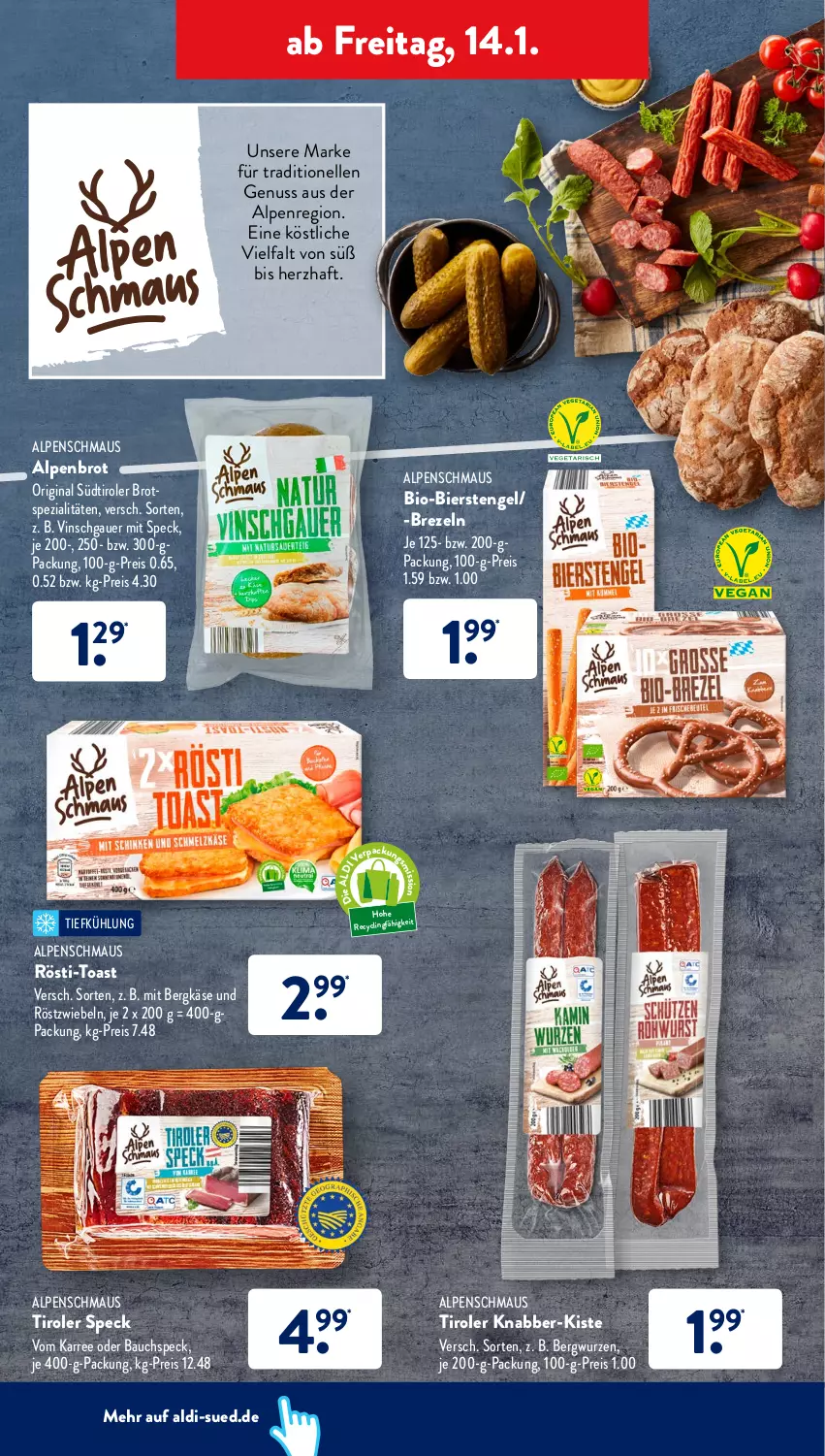 Aktueller Prospekt AldiSud - ALDI Aktuell - von 10.01 bis 15.01.2022 - strona 38 - produkty: aldi, auer, Bau, Bergkäse, Bergwurz, bier, bio, brezel, Brezeln, brot, Clin, eis, elle, Engel, gin, Käse, Maus, nuss, reis, röstzwiebeln, Speck, Spezi, südtiroler, Ti, toast, zwiebel, zwiebeln