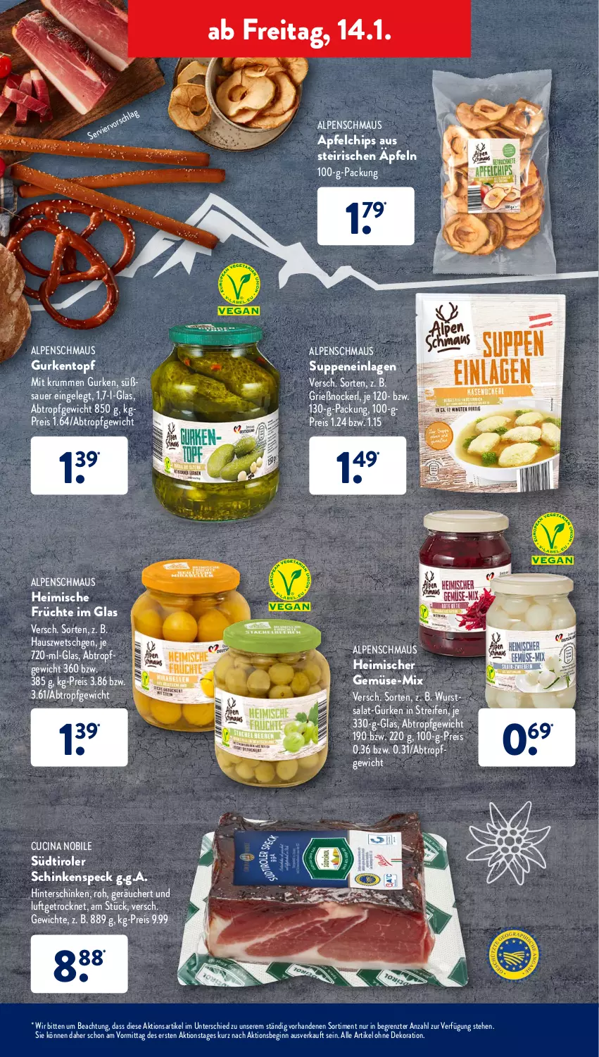 Aktueller Prospekt AldiSud - ALDI Aktuell - von 10.01 bis 15.01.2022 - strona 39 - produkty: alle artikel ohne dekoration, apfel, auer, chips, cin, dekoration, eis, früchte, gin, gurke, gurken, hinterschinken, Maus, reifen, reis, rum, salat, schinken, schinkenspeck, Speck, südtiroler, suppe, suppen, Ti, topf, wurst, ZTE