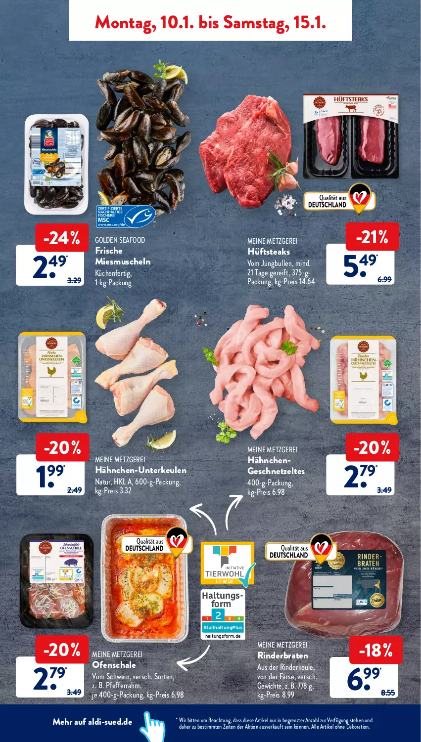 Aktueller Prospekt AldiSud - ALDI Aktuell - von 10.01 bis 15.01.2022 - strona 4 - produkty: aldi, alle artikel ohne dekoration, braten, dekoration, eis, geschnetzeltes, Hähnchen-Unterkeulen, Hähnchengeschnetzeltes, hüftsteak, hüftsteaks, jungbullen, küche, Küchen, Muscheln, natur, Ofen, pfeffer, reis, rind, rinder, rinderbraten, Rinderkeule, Schal, Schale, schwein, steak, steaks, Ti, wein, Zelt, ZTE