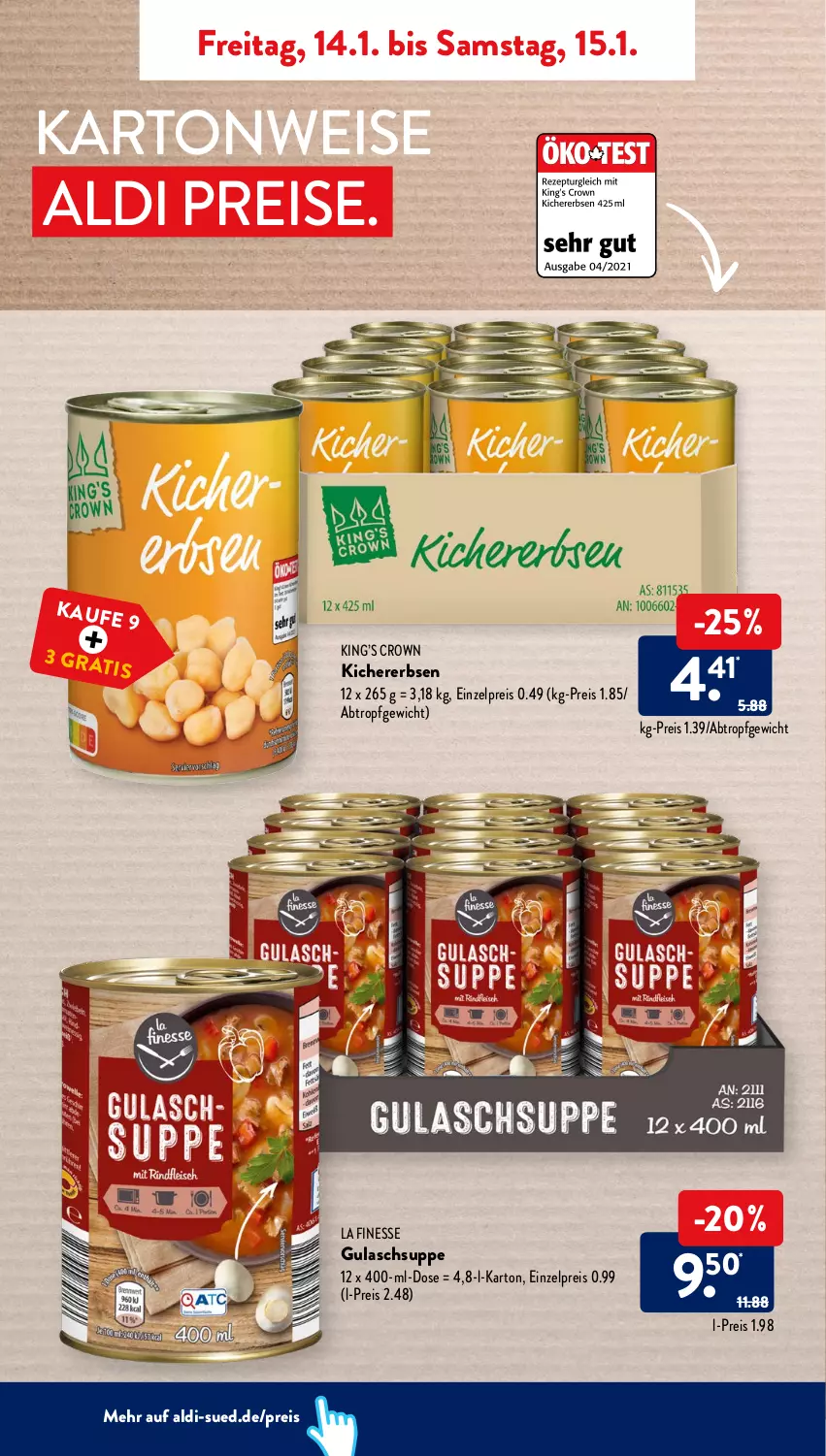 Aktueller Prospekt AldiSud - ALDI Aktuell - von 10.01 bis 15.01.2022 - strona 42 - produkty: aldi, eis, erbsen, finesse, gulasch, Gulaschsuppe, kichererbsen, reis, suppe, Ti