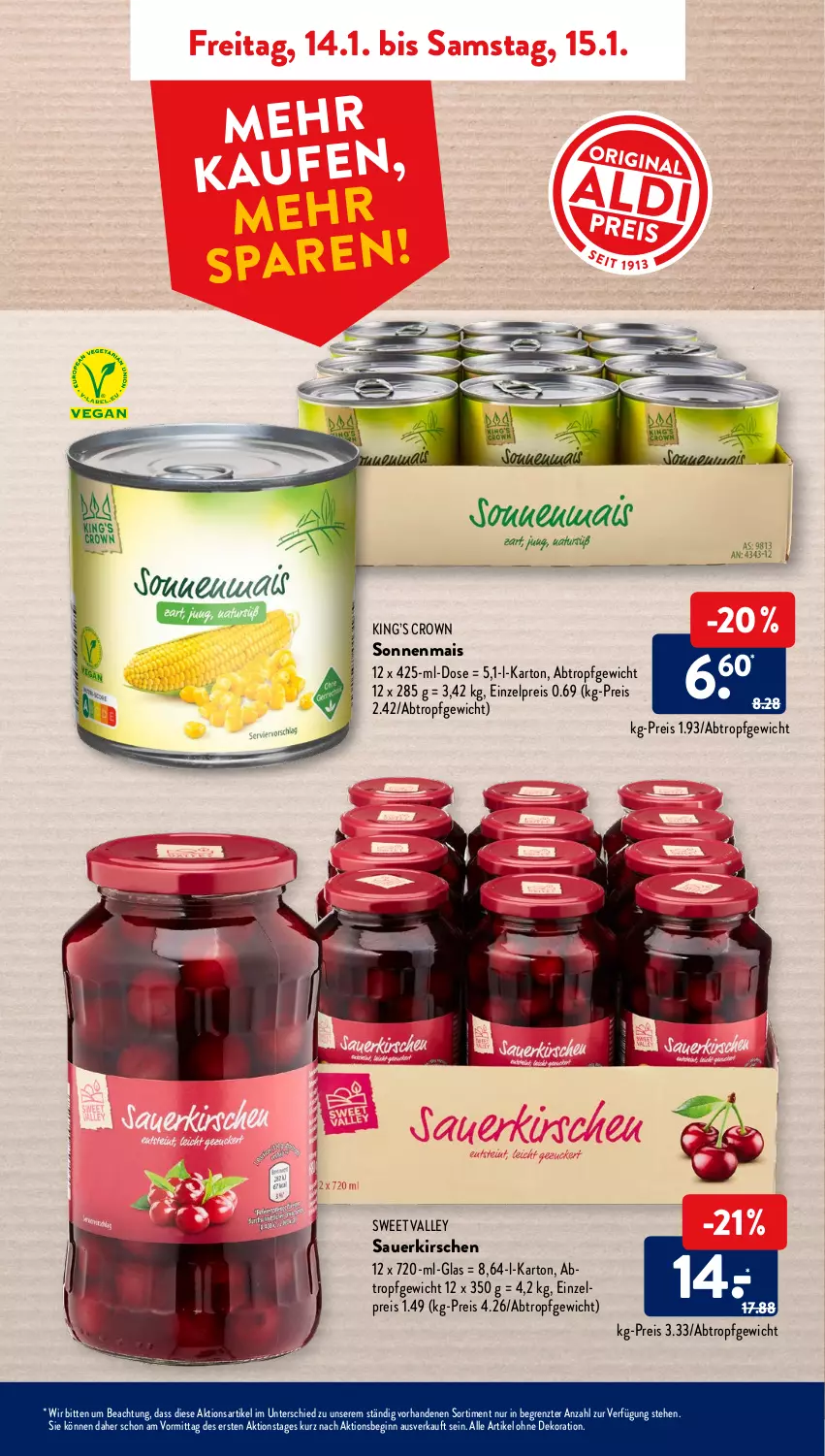 Aktueller Prospekt AldiSud - ALDI Aktuell - von 10.01 bis 15.01.2022 - strona 43 - produkty: alle artikel ohne dekoration, auer, dekoration, eis, gin, kirsch, kirsche, kirschen, mais, reis, sauerkirschen, Ti, ZTE