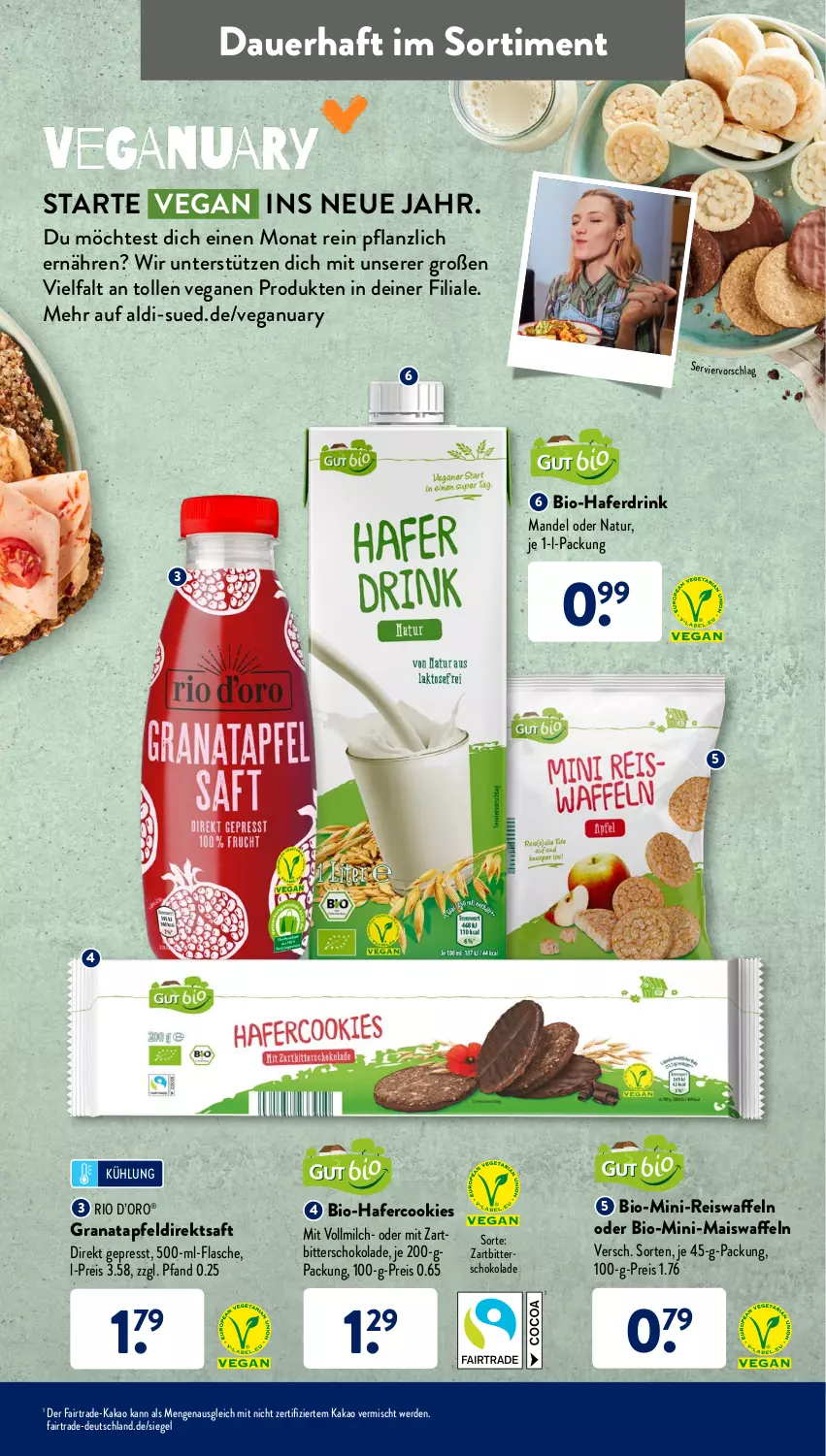 Aktueller Prospekt AldiSud - ALDI Aktuell - von 10.01 bis 15.01.2022 - strona 45 - produkty: aldi, apfel, auer, bio, cookie, cookies, direktsaft, drink, eis, eiswaffeln, erde, flasche, grana, granatapfel, hafer, Hafercookies, Haferdrink, kakao, mais, Maiswaffeln, mandel, milch, natur, Rana, reis, Reiswaffeln, saft, schoko, schokolade, Ti, vollmilch, waffeln, Zartbitterschokolade