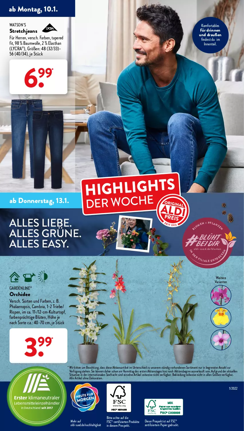 Aktueller Prospekt AldiSud - ALDI Aktuell - von 10.01 bis 15.01.2022 - strona 51 - produkty: aldi, alle artikel ohne dekoration, Bau, baumwolle, Blüte, dekoration, eis, elle, ente, gardenline®, gin, jeans, kleid, Kleidung, kulturtopf, lebensmittel, orchidee, papier, phalaenopsis, Ria, Stretchjeans, Ti, topf, wolle, ZTE