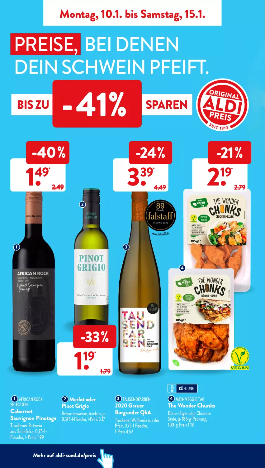 Aktueller Prospekt AldiSud - ALDI Aktuell - von 10.01 bis 15.01.2022 - strona 6 - produkty: aldi, auer, burgunder, cabernet, eis, flasche, grauer burgunder, merl, merlot, Pinot, pinot grigio, rebsortenweine, reis, rotwein, sauvignon, schwein, Ti, veggie, wein, weine, Weißwein