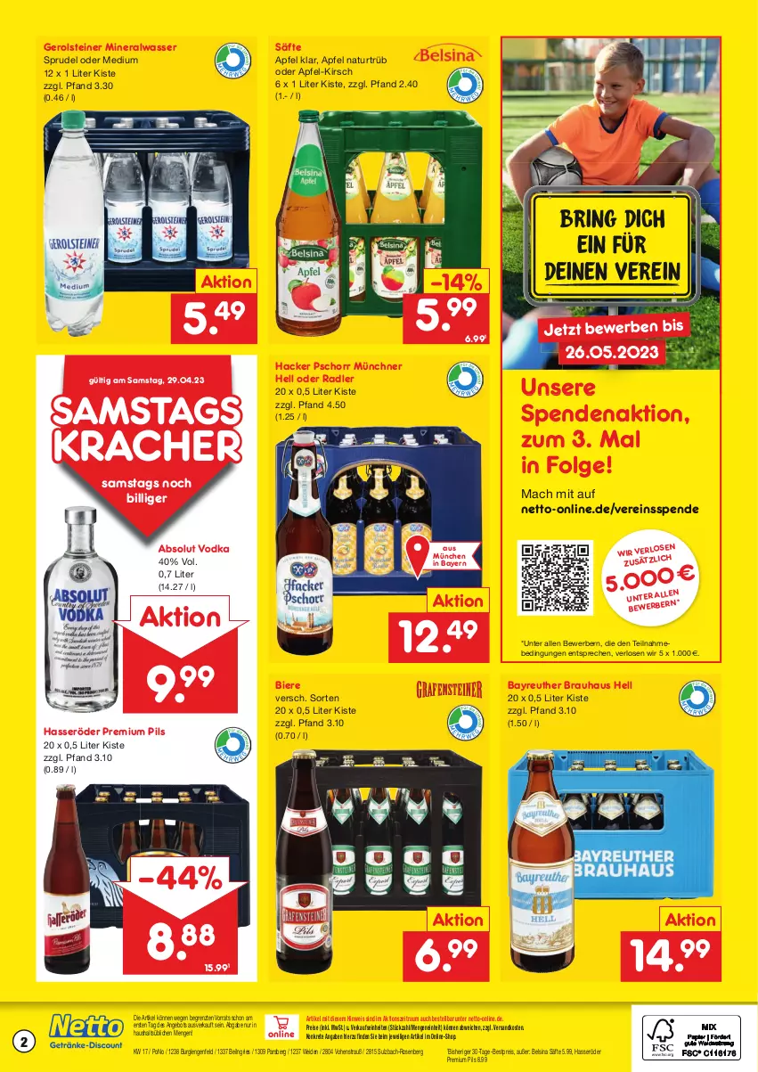 Aktueller Prospekt Netto Marken-Discount - Getränkemarkt in deiner Nähe - von 15.03.2021 bis 29.04.2023 - strona 2 - produkty: Absolut Vodka, alkohol, Alwa, angebot, apfel, bestpreis, bier, Biere, eis, gerolsteine, gerolsteiner, getränk, hacker pschorr, hasseröder, karamalz, kirsch, kracher, LG, mac, malz, mineralwasser, natur, ndk, oder radler, pils, premium pils, radler, rama, reis, ring, rosen, säfte, Sprudel, steiner, Ti, vodka, wasser, ZTE