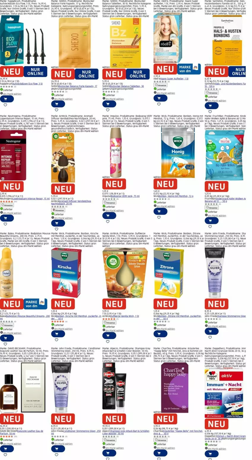 Aktueller Prospekt Dm Drogerie - Prospekte - von 13.10 bis 22.10.2025 - strona 4 - produkty: airwick, alpecin, apfel, Bad, balsam, banane, beutel, body, bodyspray, bonbons, cin, David Beckham, Diffuser, doppelherz, Duftkerze, Eau de parfum, eis, elle, ente, fenchel, frucht, Gesundheit, hafer, honig, Hustenbonbons, kerze, Kinder, kirsch, kirsche, kräuter, Lippenbalsam, mousse, neutrogena, parfum, Propolis, reis, ring, Sanhelios, shampoo, sim, snack, tablet, tablett, Tablette, Tasche, taschen, tee, Ti, Wels, WICK, zitrone, zucker