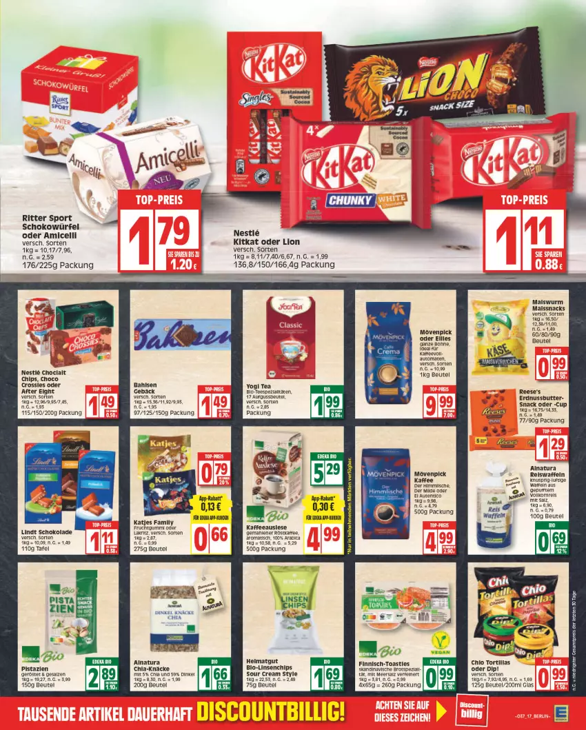 Aktueller Prospekt Edeka - Angebote der Woche - von 12.09 bis 17.09.2022 - strona 17 - produkty: after eight, amicelli, asti, auto, bahlsen, beutel, bio, bohne, brot, butter, chia, chips, choclait chips, choco crossies, crossies, deka, dip, edeka bio, eis, eiswaffeln, erdnuss, Erdnussbutter, frucht, fruchtgummi, kaffee, katjes, kitkat, Lakritz, lindt, linsen, lion, mais, meersalz, mövenpick, natur, natura, nuss, oder lakritz, pistazien, Reese's, reis, Reiswaffeln, rel, ritter, ritter sport, röstkaffee, salz, schoko, schokolade, schokowürfel, snack, snacks, sour cream, Spezi, Sport, tee, Ti, tisch, toast, tomate, tomaten, tortilla, tortillas, waffeln, würfel, Yo, ZTE