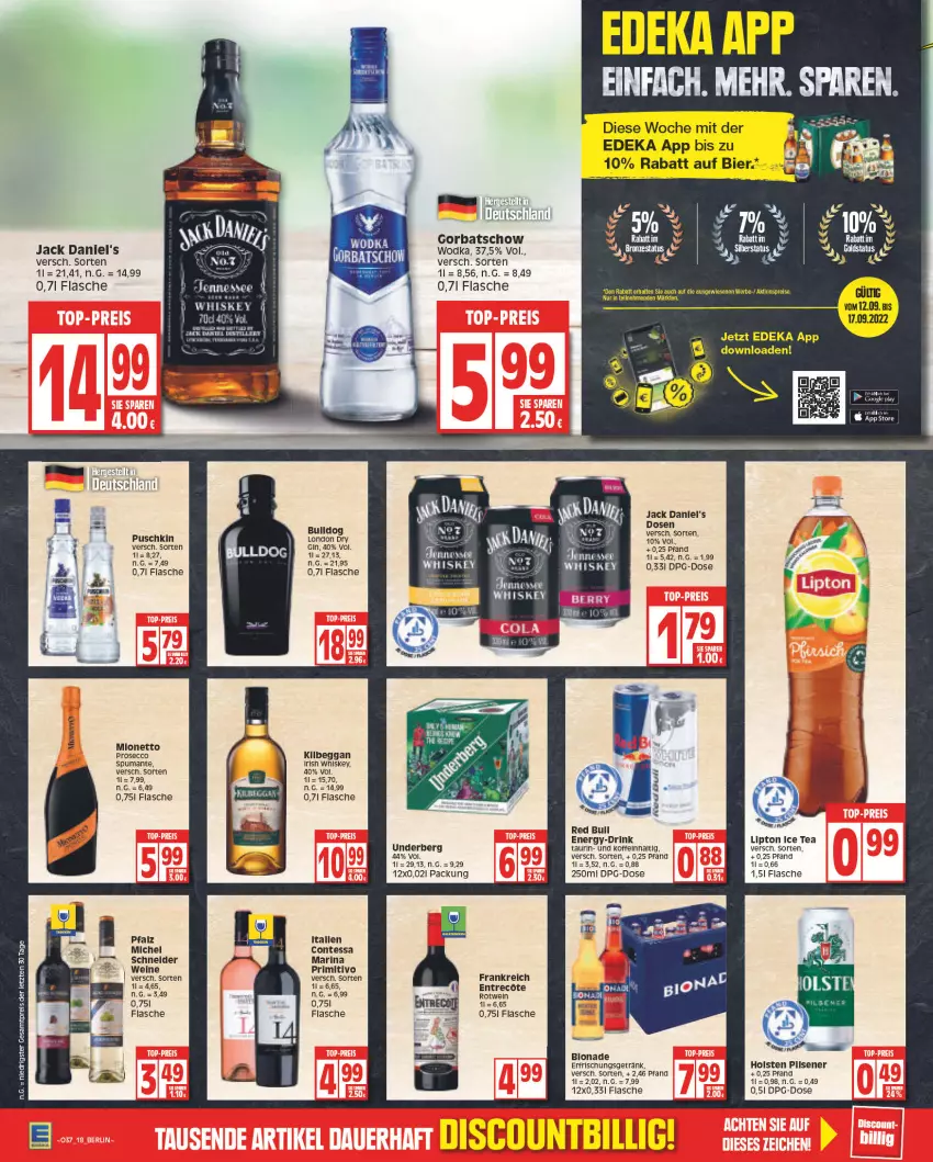 Aktueller Prospekt Edeka - Angebote der Woche - von 12.09 bis 17.09.2022 - strona 18 - produkty: aktionspreis, bier, bio, bionade, Bulldog, chia, deka, discount, drink, ecco, eis, ente, erfrischungsgetränk, flasche, getränk, gin, Gorbatschow, holsten, holsten pilsener, ice tea, irish whiskey, jack daniel, jack daniel's, kilbeggan, LG, lipton, lipton ice tea, london dry, mionetto, pils, pilsener, primitivo, prosecco, puma, red bull, reis, rotwein, spumante, tee, Ti, underberg, wein, weine, whiskey, wodka, ZTE